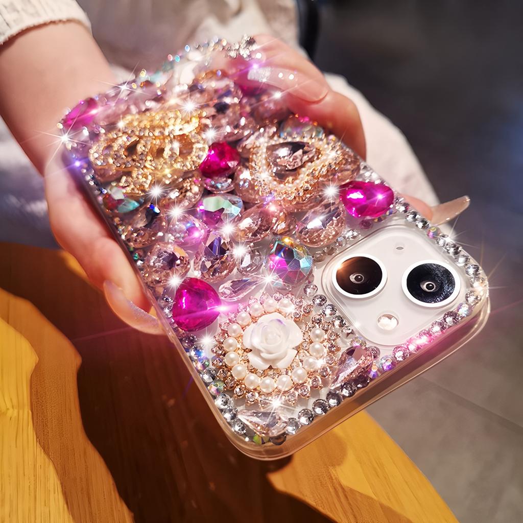 Glitter Strass Mobilskal För iPhone 17 16 15 14 13 12 11 Pro Max Air mini 16e 8 7 Plus X XS XR, Bling Kristall Krona Fjäril Pärla Blomma Design