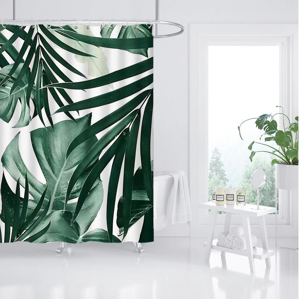 Tropical Leaf Shower Curtain - Water-Resistant Polyester, Eyelets, Machine Washable, Artistic Palm Design, Bath Decor