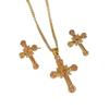 Ethnic Faith Cross Pendant Necklace & Earrings Set - Gold Plated Studs, Hip Hop Style Copper Jewelry