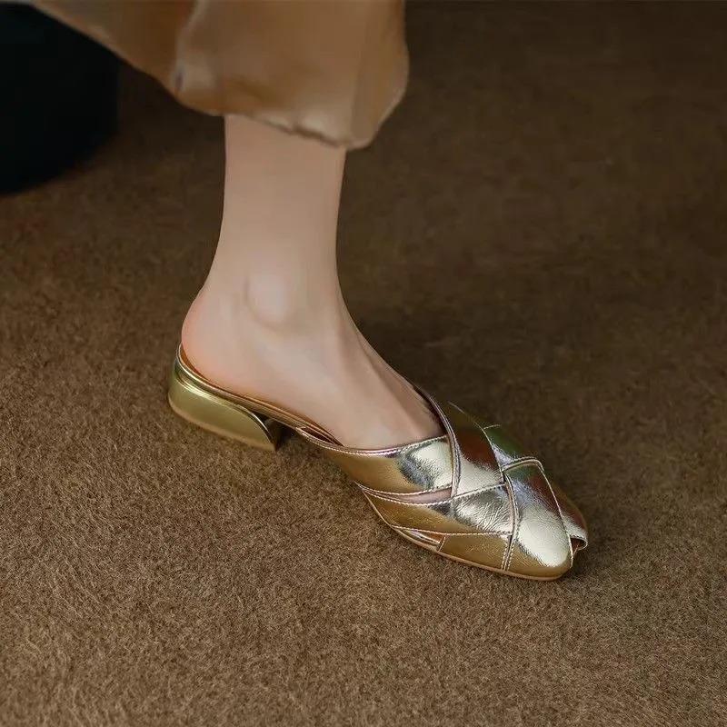 Summer Wear Inside and Outside Full Leather Square Head Cool Slippers French Bag Head Half Slippers Shoes