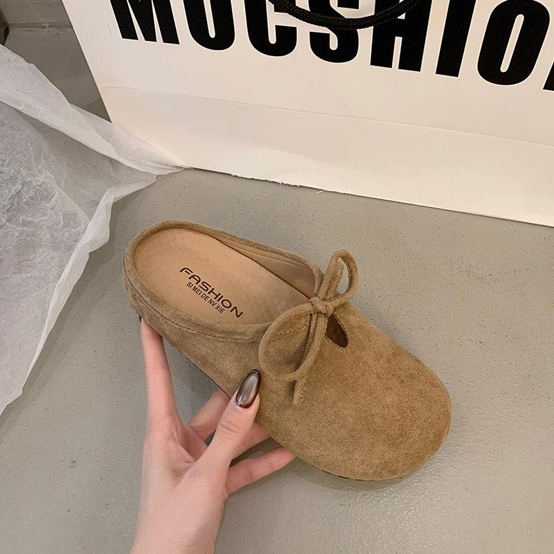 Retro versatile flat-bottomed bag head slippers women's spring new bow one-pedal soft-soled half slippers