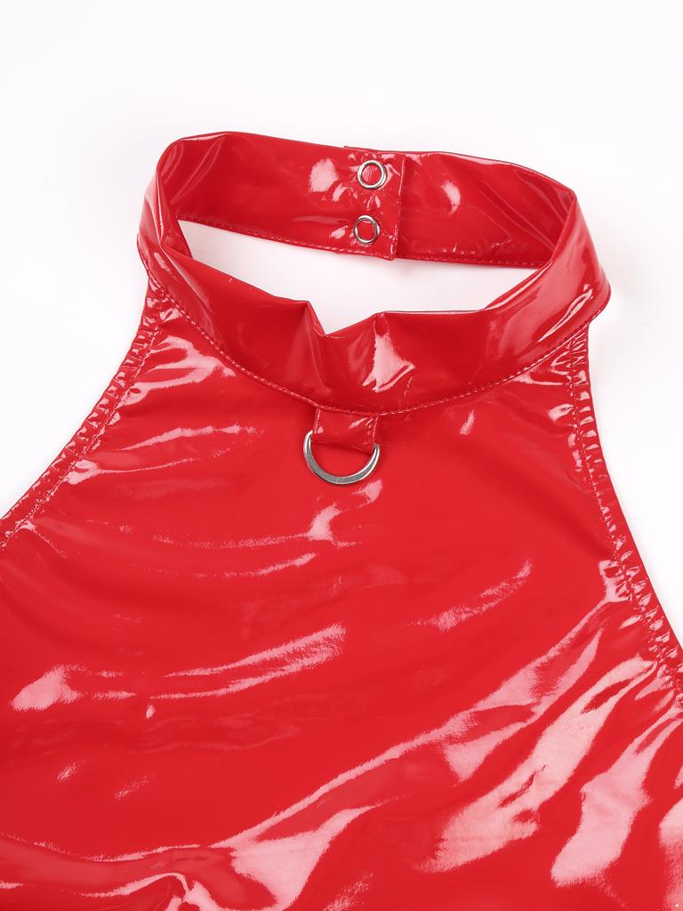Womens Shiny Patent Leather Mini Dress Halter Neck Sleeveless Design Back Zipper Bodycon Dress Garter Clip Set