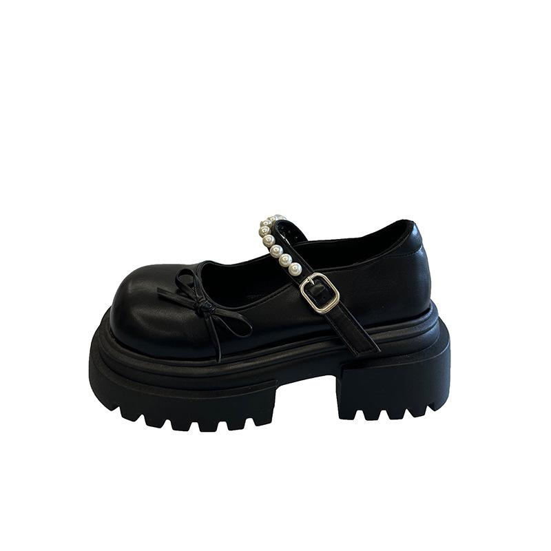 Retro bow round head platform small leather shoes women's 2025 new spring and autumn skirt French Mary Jane single shoes