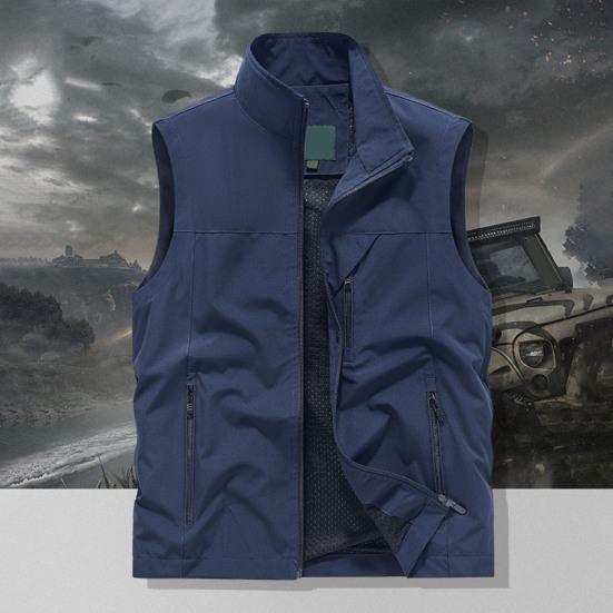 Pánská vesta stojáček límec bez rukávů vesta se zapínáním na zip kabát s velkými kapsami jednobarevná outdoorová rybářská vesta