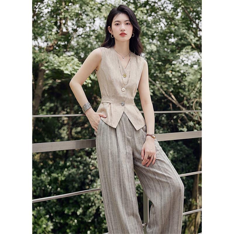 Women s Elegant Sleeveless Vest & Striped Wide-Leg Pants Set M льняной