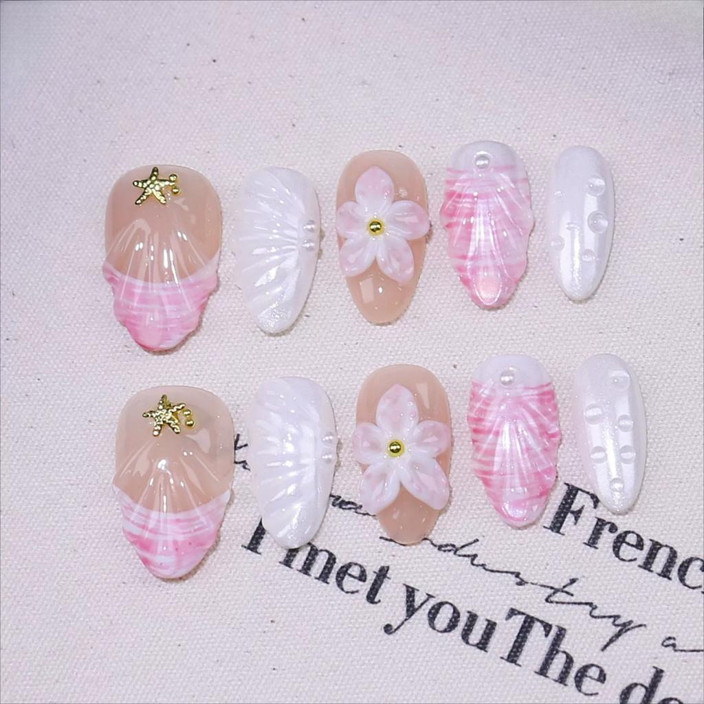 10pcs 3D Emboss Flower Press On Nails Summer Shell Sea Nail Art Cute Pearl Handmade False Nails French Short Almond Fake Nails