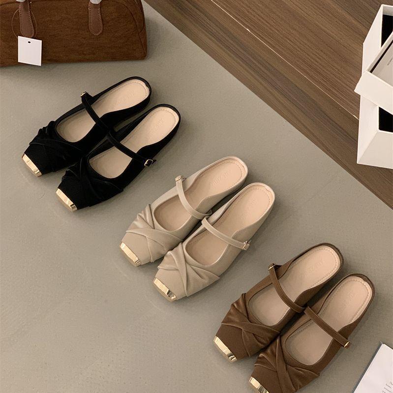 Metal Square Head Flat Heel Half Drag 2025 Spring Bag Head Soft Leather Soft Sole Slippers Women Wear One Word with Mary Jane Shoes