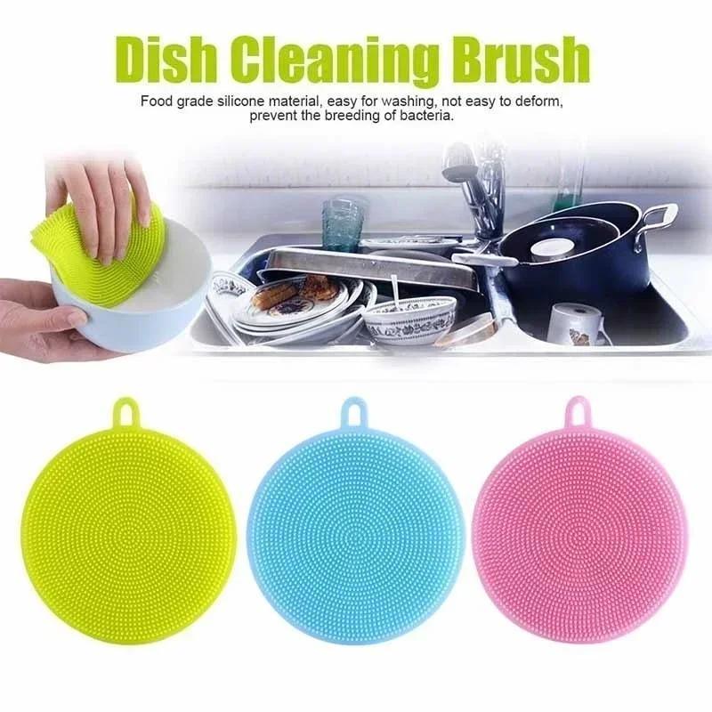 New Kitchen Portable Dish Washing Scrubber Silicone Bowl Cleaning Brush Cloth Scouring Pad Pot Kitchen Cleaning Dish Sponge Tool