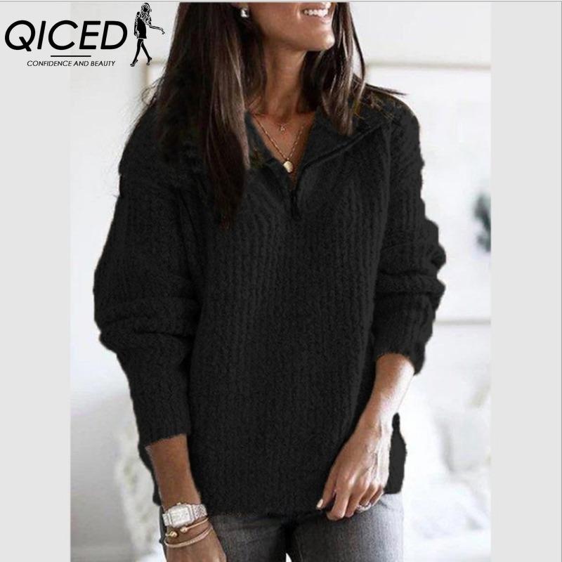 

QICED Women s Fashion Casual Solid Color Print Autumn Winter Long Sleeve Zip Collar Loose Sweaters XXL чёрный