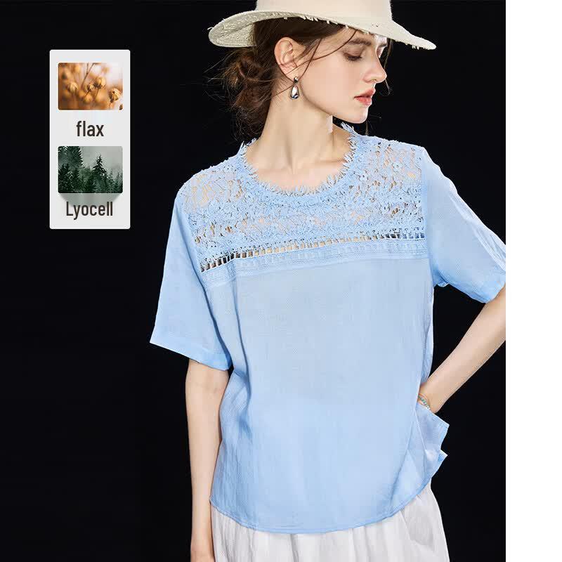 Women s Tencel Linen Lace Crochet Loose Shirt XL