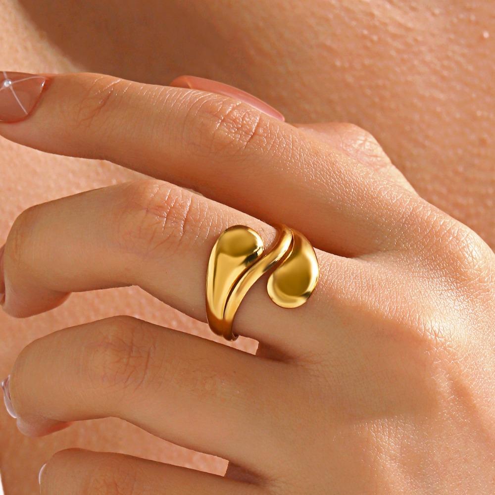 Fashion Minimalist Artistic Gold Color Stainless Steel Geometric Curved Teardrop Opening Rings for Women Daily Wear Jewelry Gift