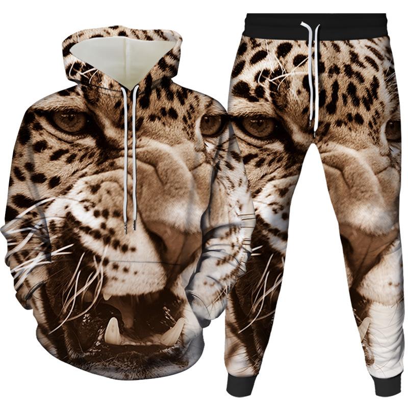 2022 foreign trade new 3d creative lion digital printing printing men's and women's hooded pullover casual sweater two-piece set
