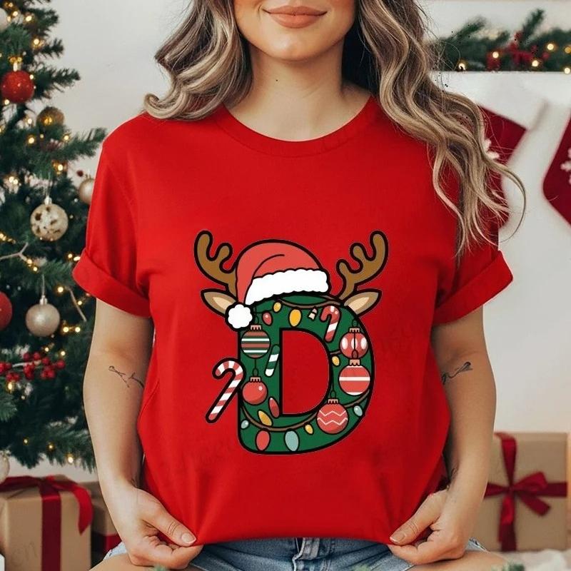 Festive Christmas Alphabet Letter Santa Hat Print Tshirt for Women Fashion T Shirt Streetwear Female Clothes Casual clothing