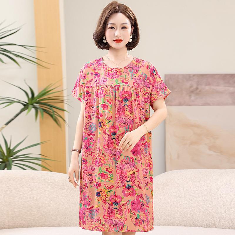 Women's Floral Print Cotton Silk Knee-Length Dress - Plus Size, Short Sleeve, Lightweight & Loose for Middle-Aged & Elderly