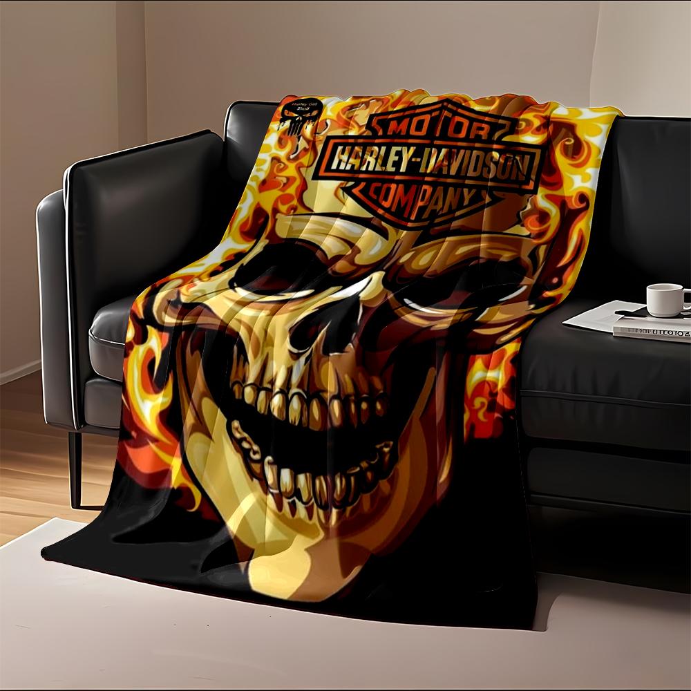 Harley-Davidson Flaming Skull Design Blanket Flannel Blanket for Bedroom, Living Room, Sofa, and Nap Sofas.