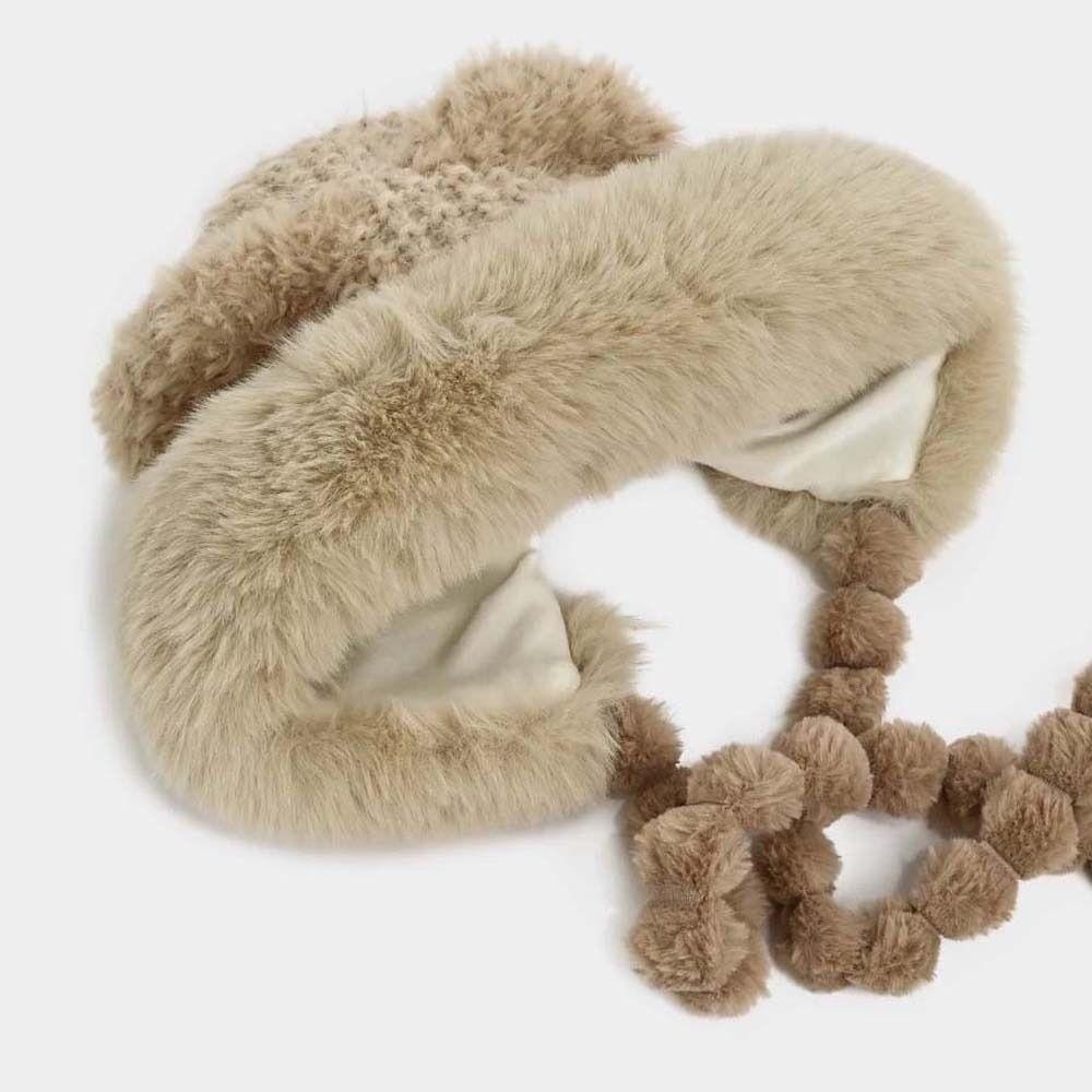 Striped Knit Pompom Braids Hat Fleece Lined Earflap Winter Cap Fleece Knit Beanie  Teens