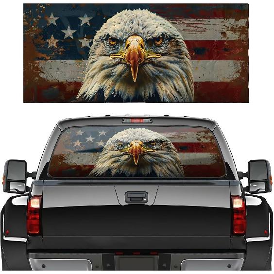 

Bald Eagle Car Window Rear Decal for Truck, Black White American Flag Vinyl Graphic Perforated Sticker, Pickup Decals Patriotic Window Sticker for 53 x14