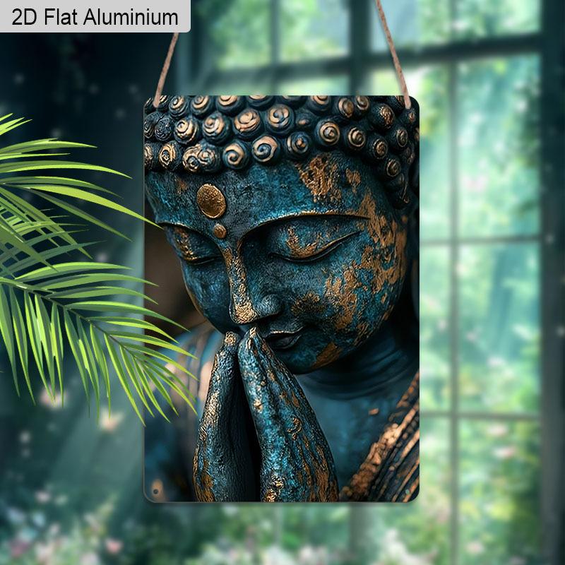 2D Flat, 1pc Vintage Buddha Aluminium Wall Art Sign "Teal Praying Buddha" - 8"x12" Rustic Zen & Spiritual Home Decor, Perfect Gift for Yoga