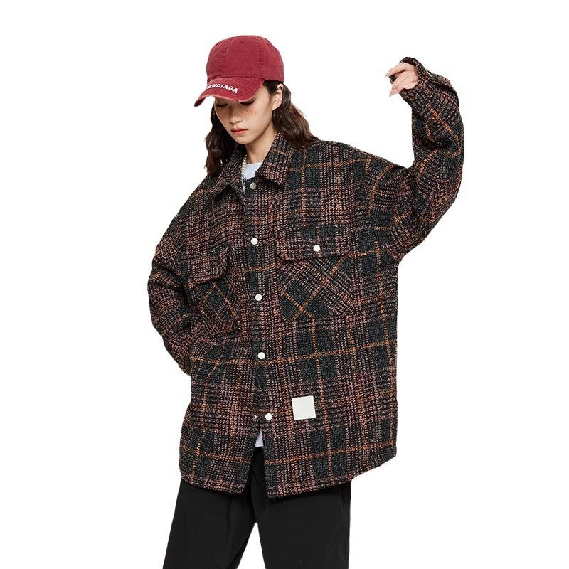 Рубашки с длинными рукавами в стиле ретро из грубой клетчатой ткани для мужчин и женщин — фото 6