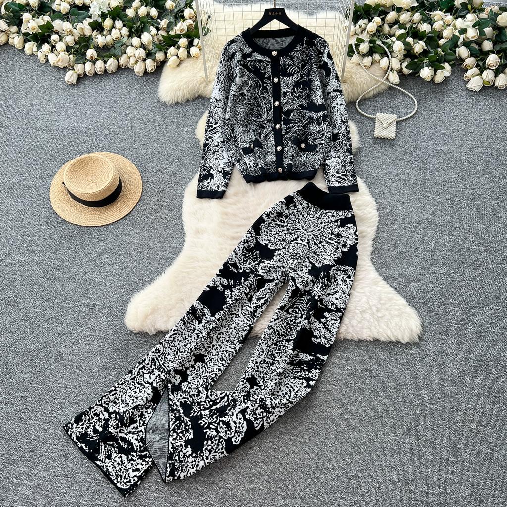 Toamnă Iarnă Femei Designer Vintage Imprimeu Tricotat Pulover Catwalk Set Pantaloni Două Piese Cardigane cu Gât în V Topuri și Costum Pantaloni cu Talie Elastică