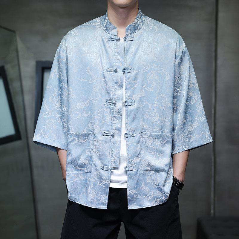 Chinese style ice silk seven-quarter-sleeved shirt men's Tang suit buckle Hanfu large size printed short-sleeved shirt ethnic style