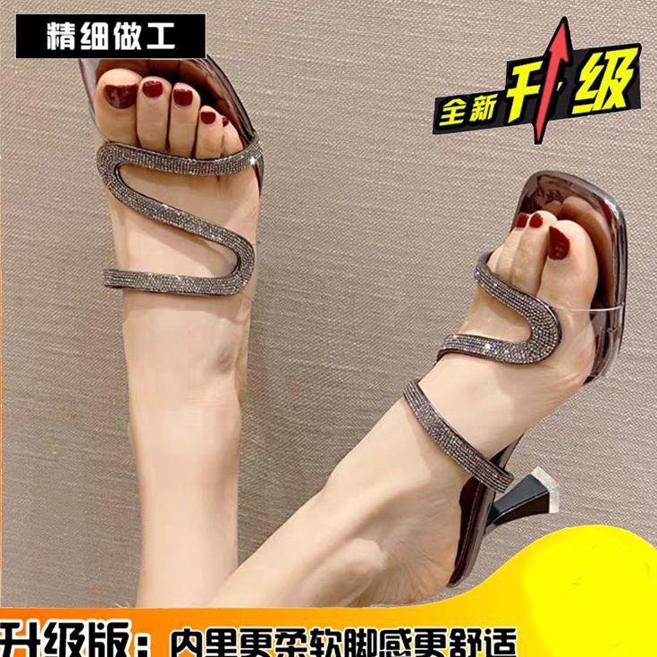 Sandals Girl Spring 2025 New Fashion Rhinestone High Heel Drag Net Red Fine Heel Wear Fairy Wind Word with Slippers