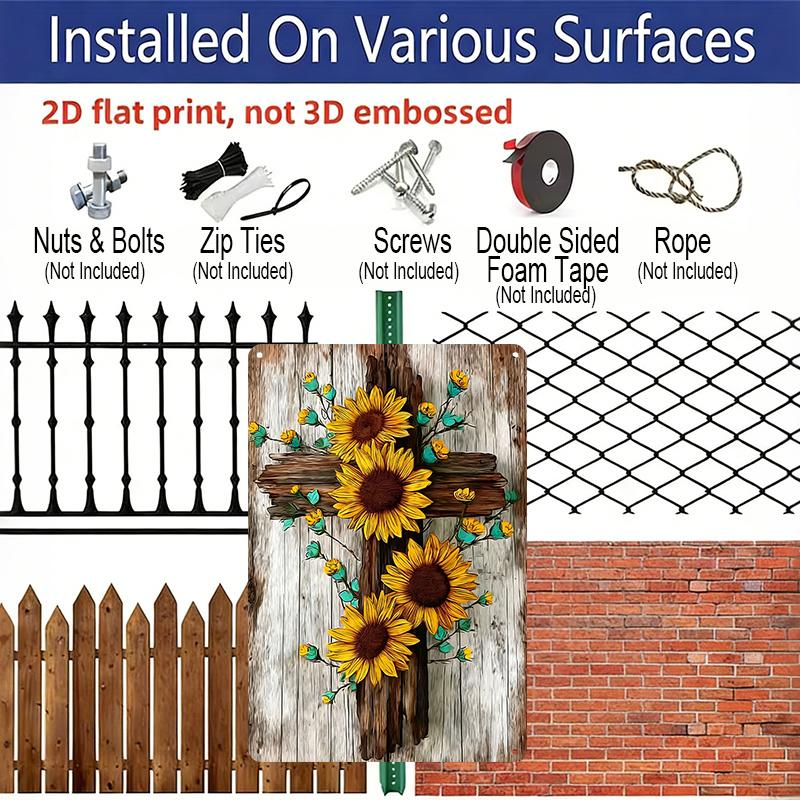 2D Flat - Decorative Metal Sign for Wall Art, Durable Aluminum Material 8*12 Inch Featuring Vintage Sunflowers and A Wooden Cross. Ideal As A Holiday