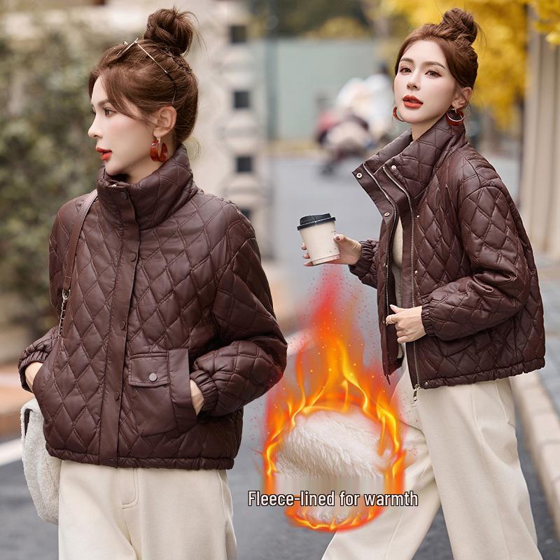 

Женская зимняя кожаная куртка в клетку аргайл: Пальто на флисовой подкладке, с толстым воротником-стойкой, WA8210. L (110-125 jin)