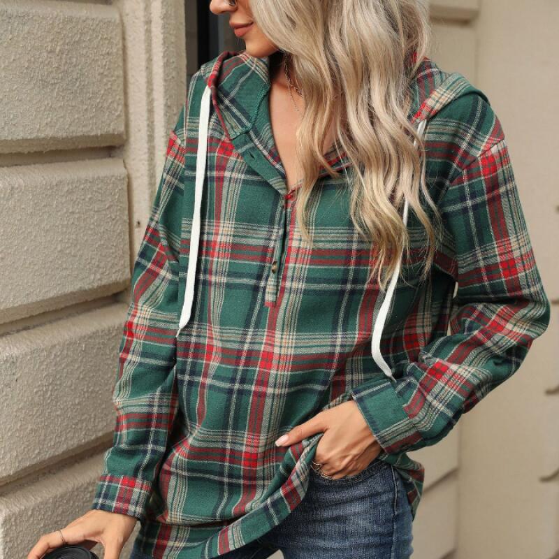 Oversized Hooded Sweatshirt Women with Plaid Pattern & Button Detail, Long Sleeve Casual Pullover for Fall Winter - S to XXL