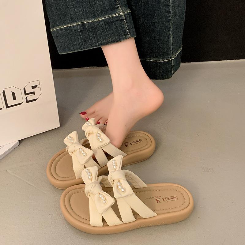 Bow one-word drag women's summer wear 2025 new with skirt flat heel not tired foot slippers