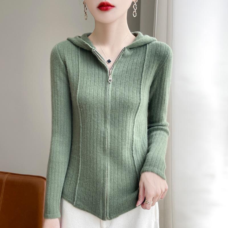 Women's Striped Hooded Wool Cardigan - Long Sleeve, Slimming Zip-Up Sweater for Autumn/Winter