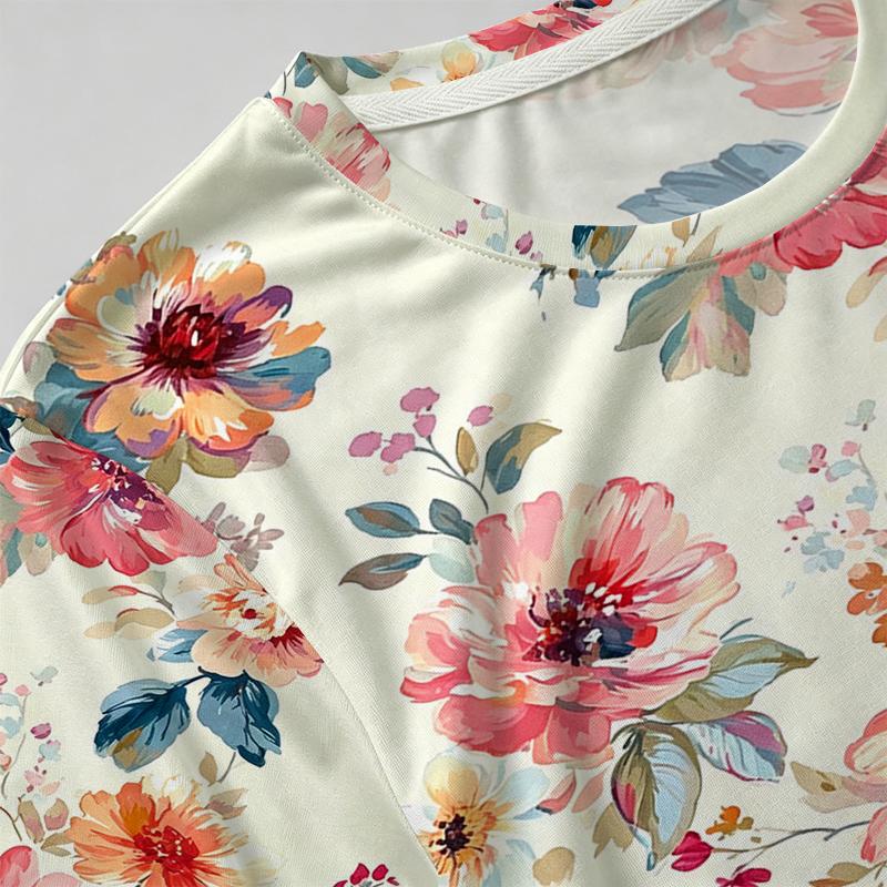 Women's Minimalist Colorful Floral Basic Crew Neck T-Shirt,Soft Loose Short Sleeve for Summer,Versatile Daily Casual,Outing & Home Wear