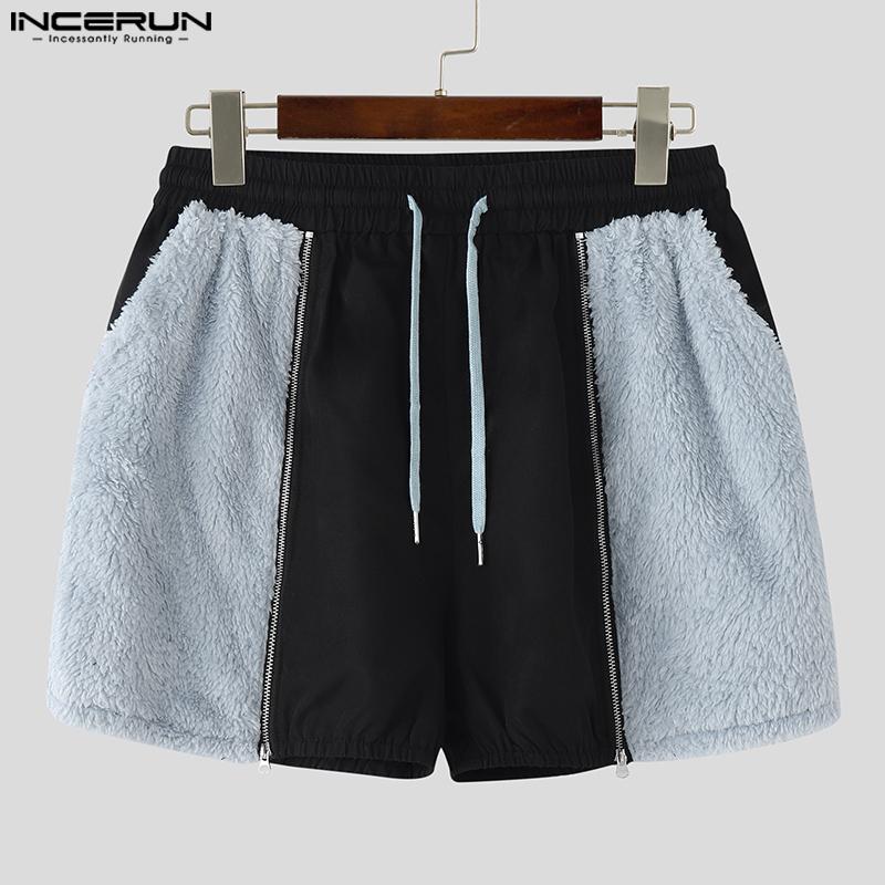 INCERUN Men Drawstring Elastic Waist Furry Patchwork Home Wear Mini Shorts