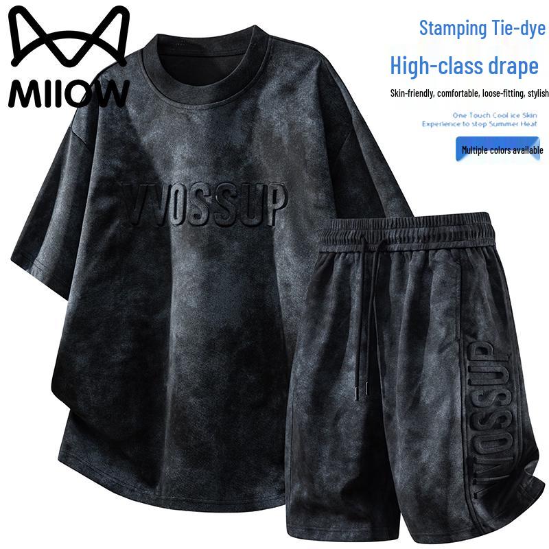 MiiOW Men s Summer Heavyweight T-Shirt & Mid-Pants Sport Set L чёрный
