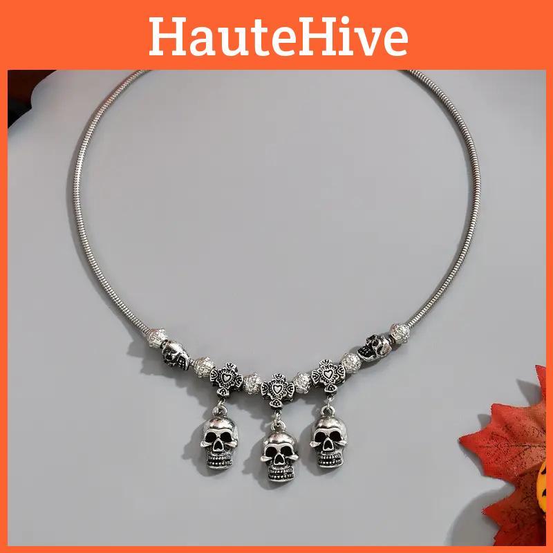 Style Dark Halloween Chain Necklace With Skeleton Head And Bat For Party Decor
