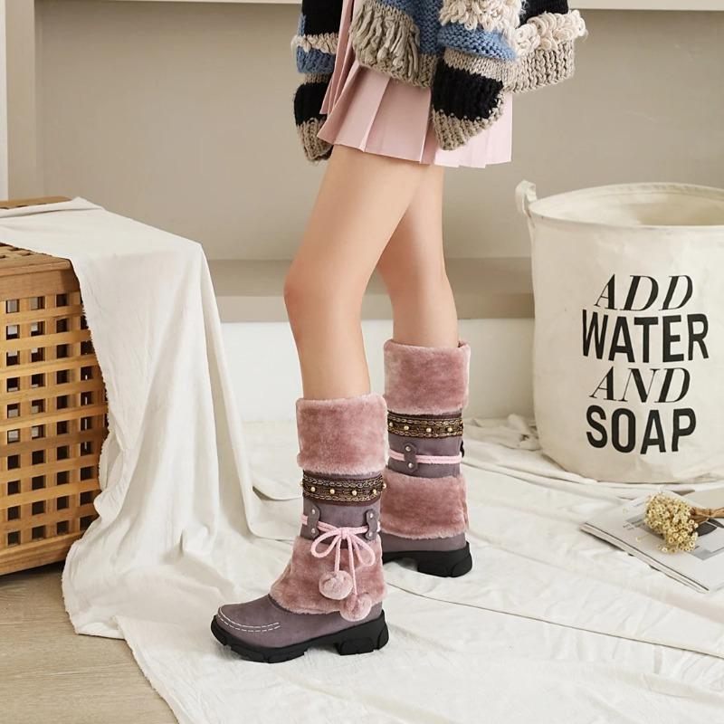 Winter Womens Thick Plush Snow Boots Fad Warm Mid Calf Women Platform Boots Retro Ethnic Stylish Fuzzy Ball Decor Chunky Booties