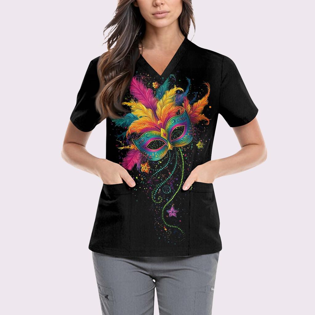 Women's Cute Printed Work Clothes V-neck Double Layer Pockets Basic Short Sleeve Top Pullover Valentines