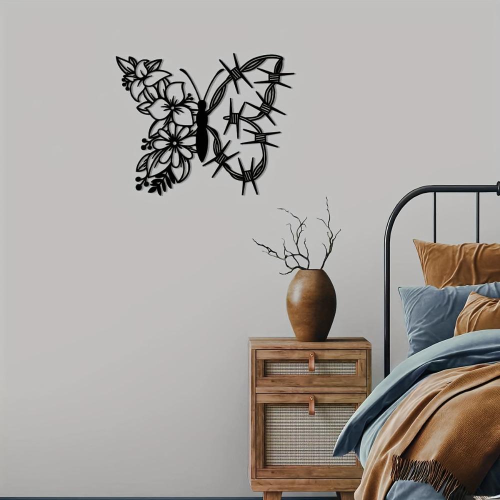 1pc Metal Butterfly Flower Wall Art, Indoor Outdoor Home Decor for Farmhouse Living Room Bedroom Porch Fence Garden Courtyard