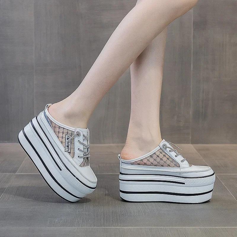 Fashion Genuine Leather 11cm Platform Slippers Wedge Shoes Summer Women High Heel Slip on Slides Sandals Women Summer Shoes 2024