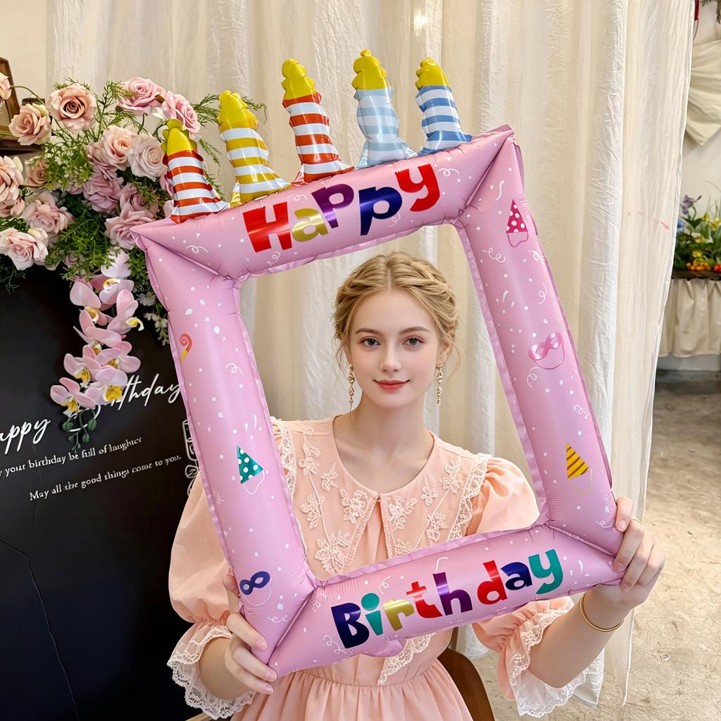 1pc Pink Blue Inflatable Photo Frame Balloons Party Photo Booth Props with Happy Birthday Messages and Candle Designs