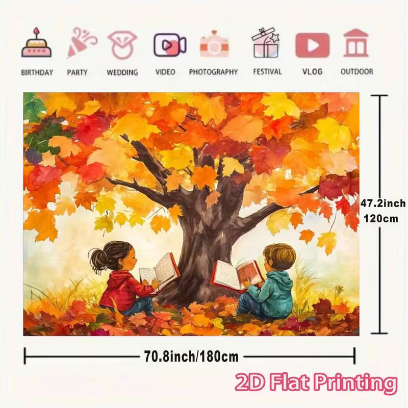 2D Herbst Lese Kinder Hintergrund, Herbstbaum Buch Szene Wandbehang