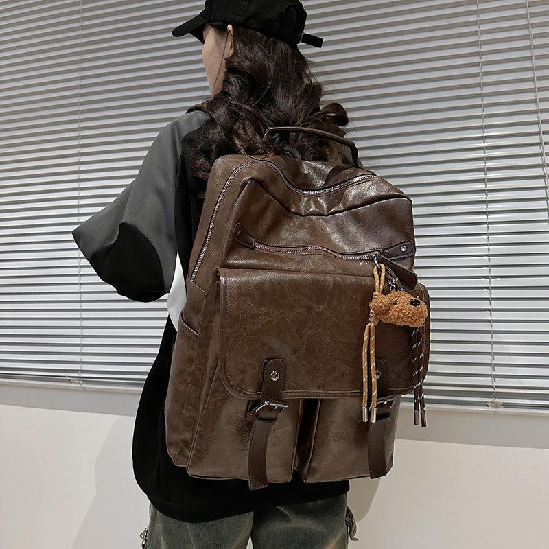 Schoolbag new trendy and cool student schoolbag European and American retro style PU backpack men's and women's large-capacity casual backpack
