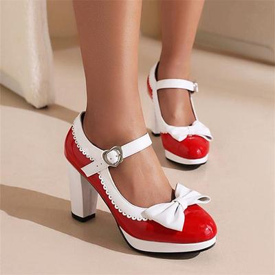 Womens Fashion 7CM High Heels Sweet Bownot Lolita Princess Single Shoes Platform Ankle Strap Maid Mary Jane Pumps
