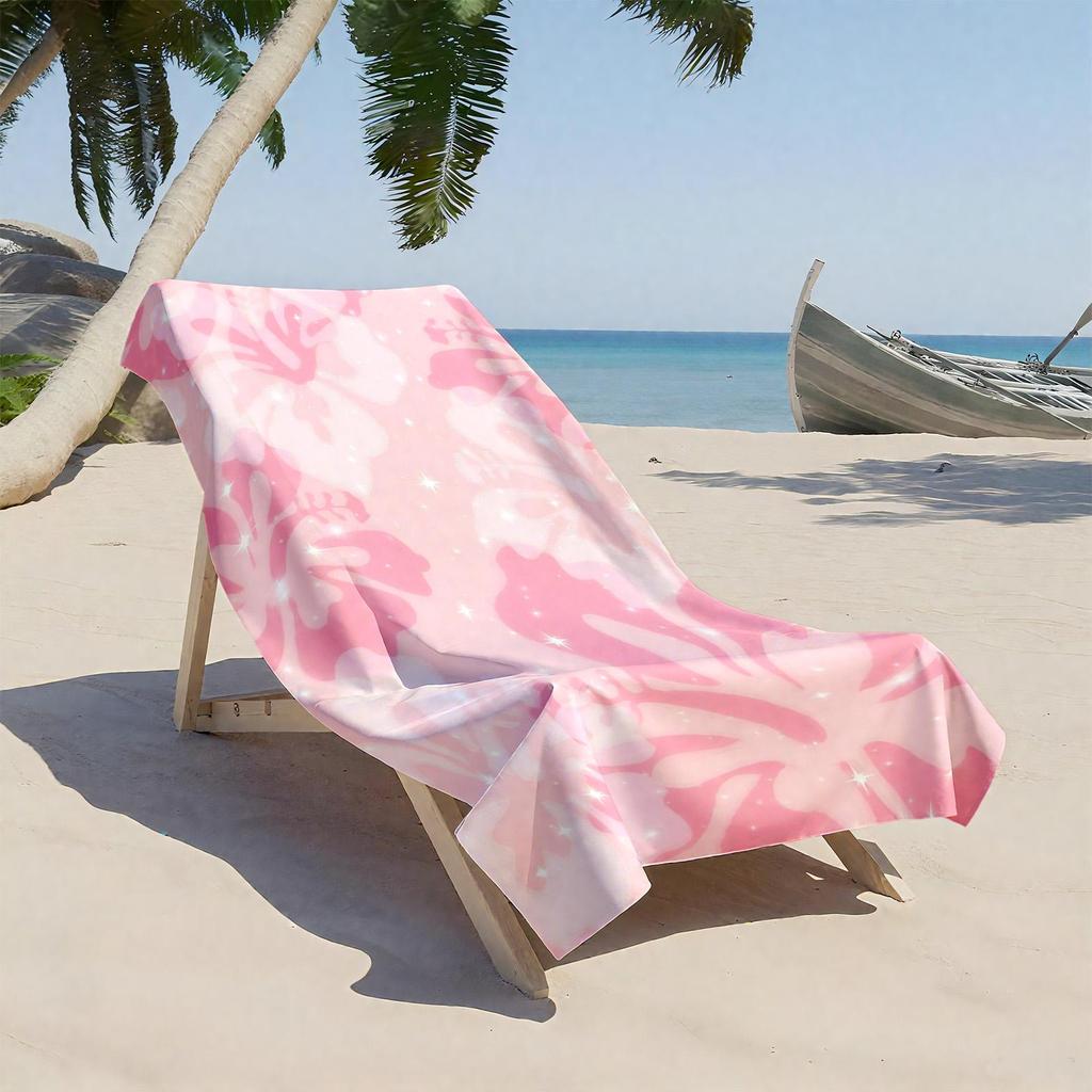 1pc Pink Tropical Floral Pattern with Sparkles 2D Printed Microfiber Beach Towel, quick dry super absorbent. Great for beach