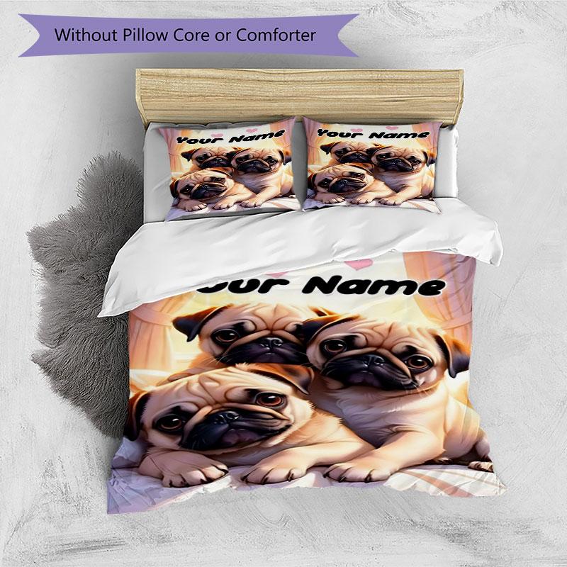 3PC Custom Name Pug Dogs Heart Background Bedding Set Printed Bedding Set Duvet Cover Closure Includes 1 Duvet Cover & 2 Pillowcases for All Seasons B