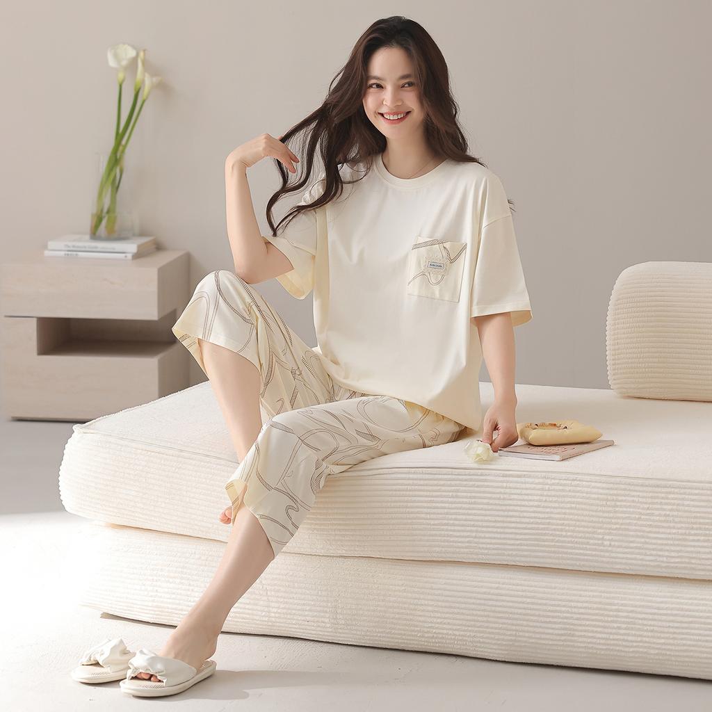 Short-sleeved Cropped Pants Pajamas Women's Spring and Summer New Pure Cotton Summer Thin Large-size Loungewear Suit
