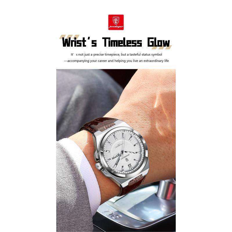 POEDAGAR Fashion Man Wristwatch Waterproof Luminous Date Week Business Quartz Watches Leather Sport Clock Reloj Hombre
