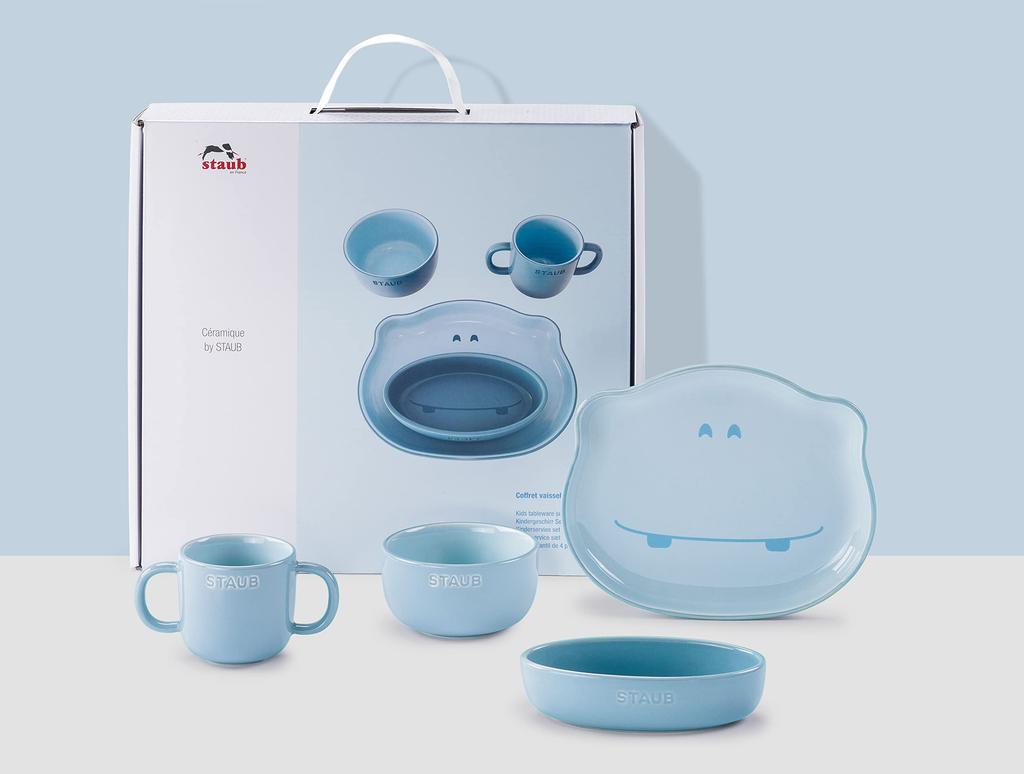 Staub Ceramic Baby Kids Tableware Set in Blue and Mug Japanese STAUB Ceramic Baby Kids Tableware "4-Piece & Hippopotamus" - Children's Plate, Bowl,