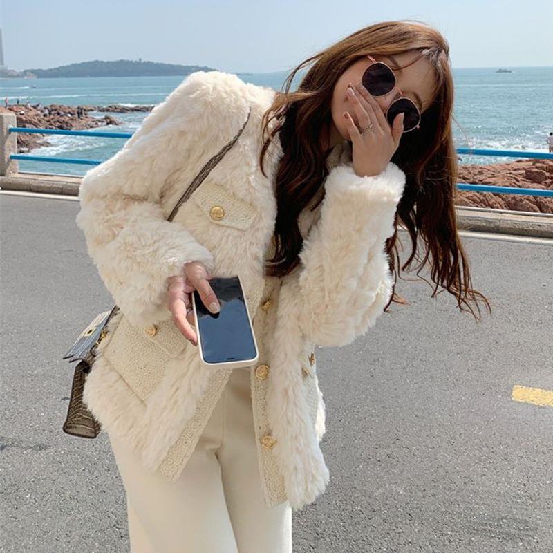 Korean Fashion Lamb Wool Coats Women Streetwear O-Neck Faux Fur Jackets Woman 2024 Autumn Winter Thick Warm Plush Coat