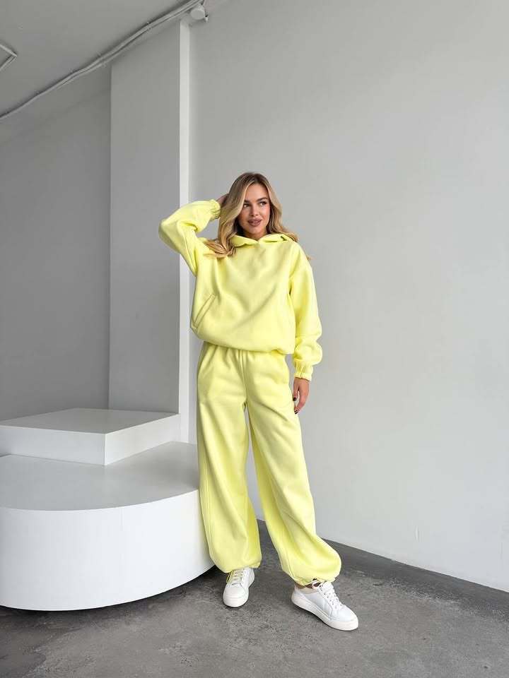 Europäisches und amerikanisches lässiges einfarbiges Set für Damen, lockerer Kapuzenpullover mit langen Ärmeln, Tasche, elastische Weitbein-Hose, zweiteiliges Set